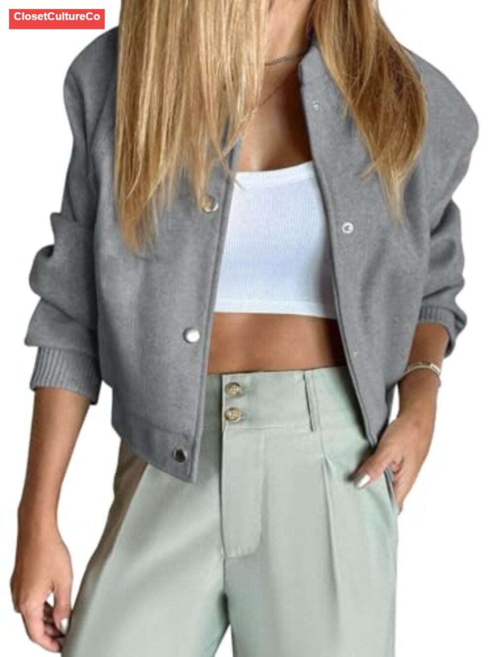 Cropped Bomber Jacket Button Down Varsity Casual Winter Outerwear